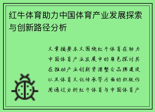 红牛体育助力中国体育产业发展探索与创新路径分析